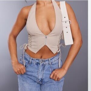 PrettyLittleThing Cream Lace-Up Crop Top